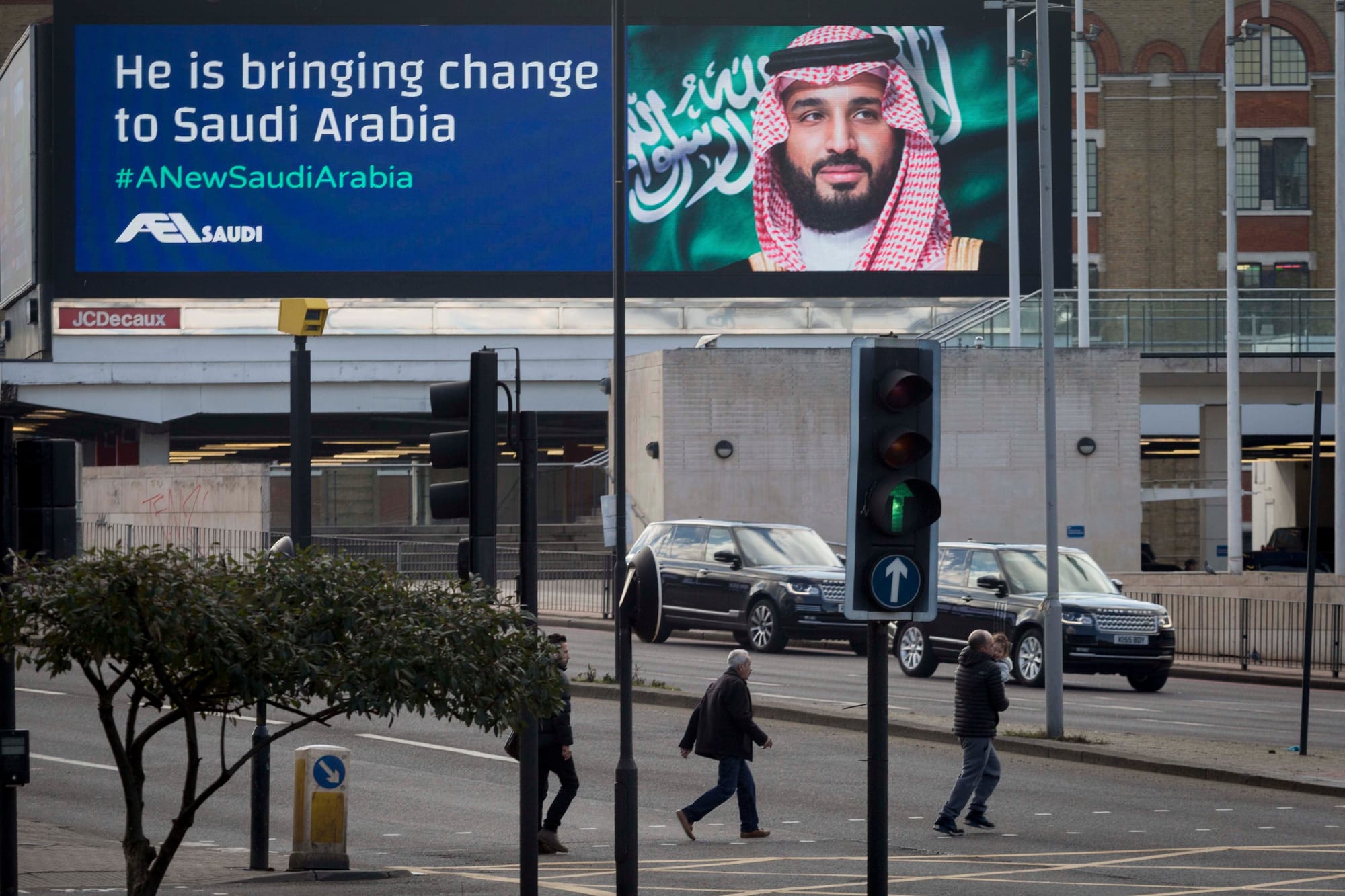 Crown Prince Mohammed bin Salman on a large billboard in London, England.